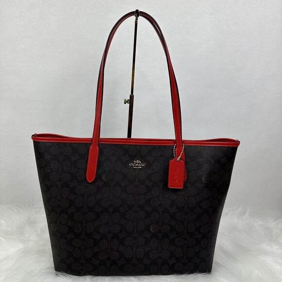 Coach City Tote Bag In Signature Canvas In Walnut/Red CV976 NWT - Picture 1 of 8